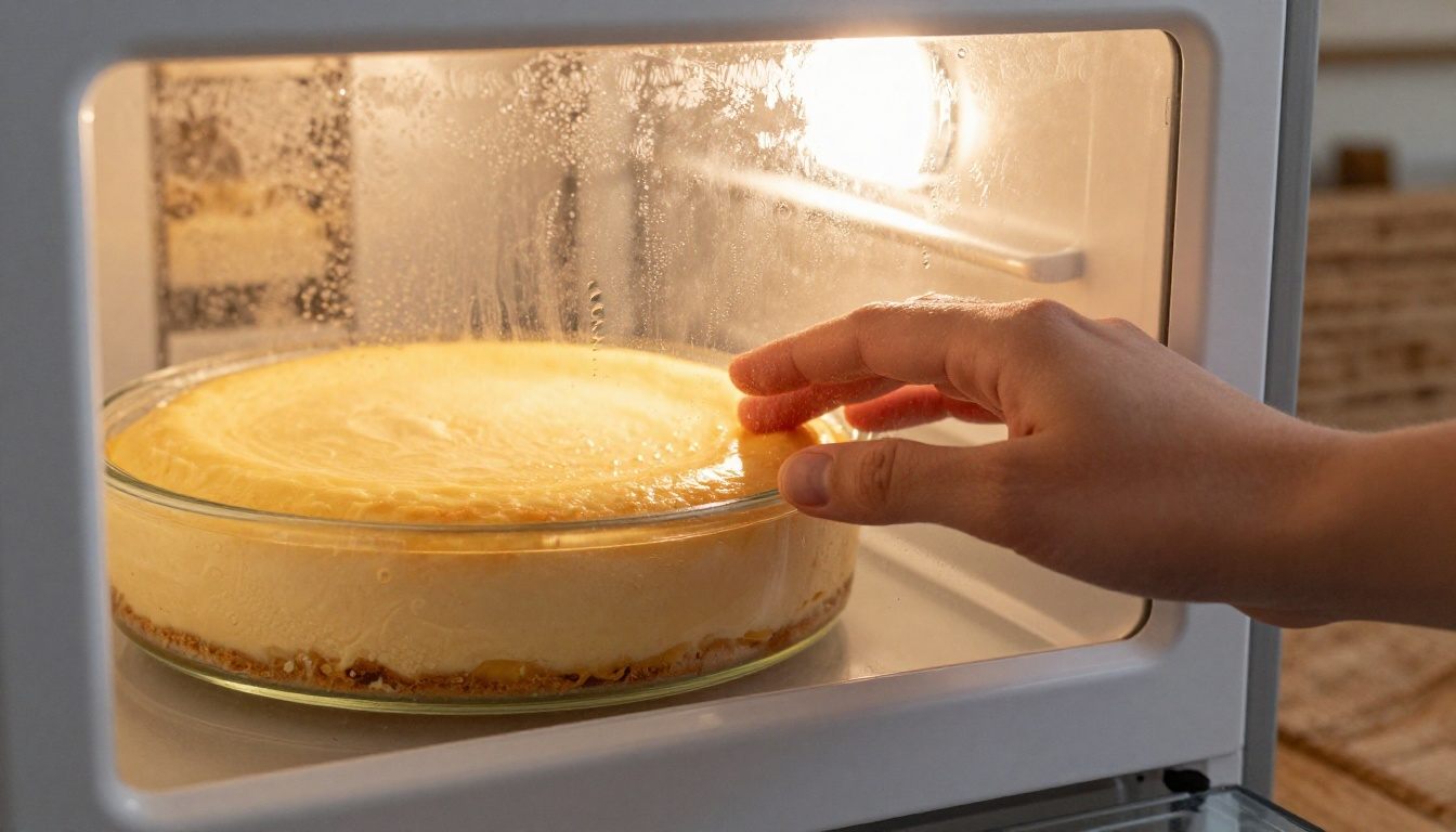 Cheesecake armazenado no frigorífico em recipiente de vidro