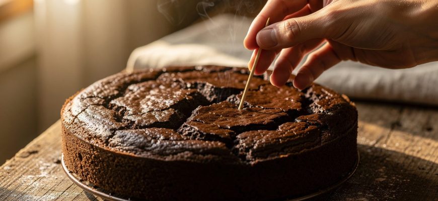 Bolo de chocolate caseiro a arrefecer com teste do palito