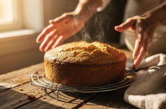 Bolo dourado acabado de sair do forno, arrefecendo.