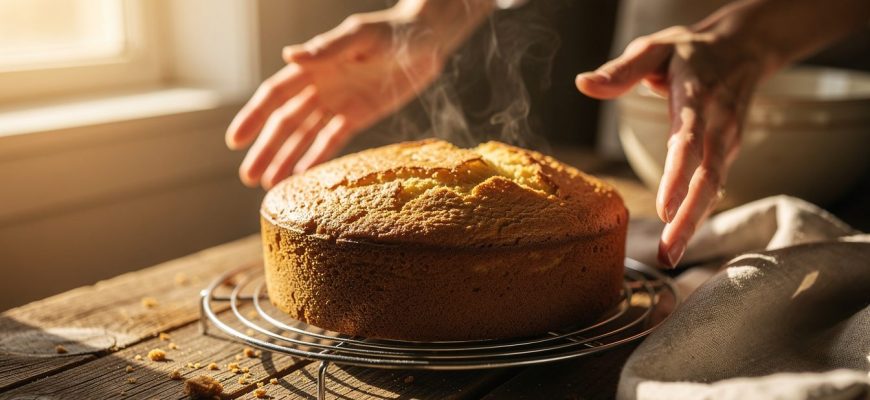 Bolo dourado acabado de sair do forno, arrefecendo.
