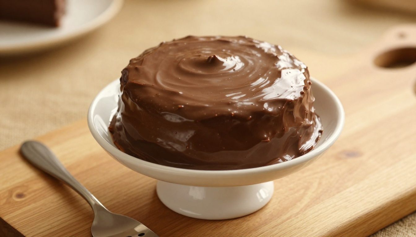 Bolo coberto com ganache de chocolate com acabamento espelhado