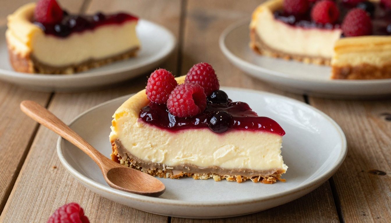 Cheesecake decorado com compota de frutos vermelhos e framboesas