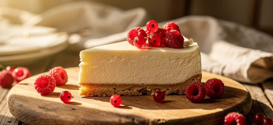 Fatia de cheesecake sem forno com base de bolacha e frutos vermelhos