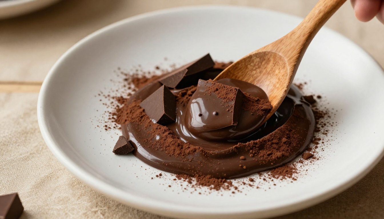 Chocolate derretido e cacau em pó para a massa do bolo