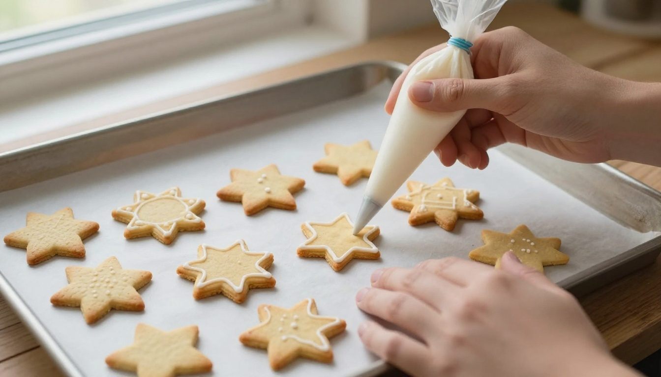 Mão a decorar bolacha com saco de pasteleiro e glacê real