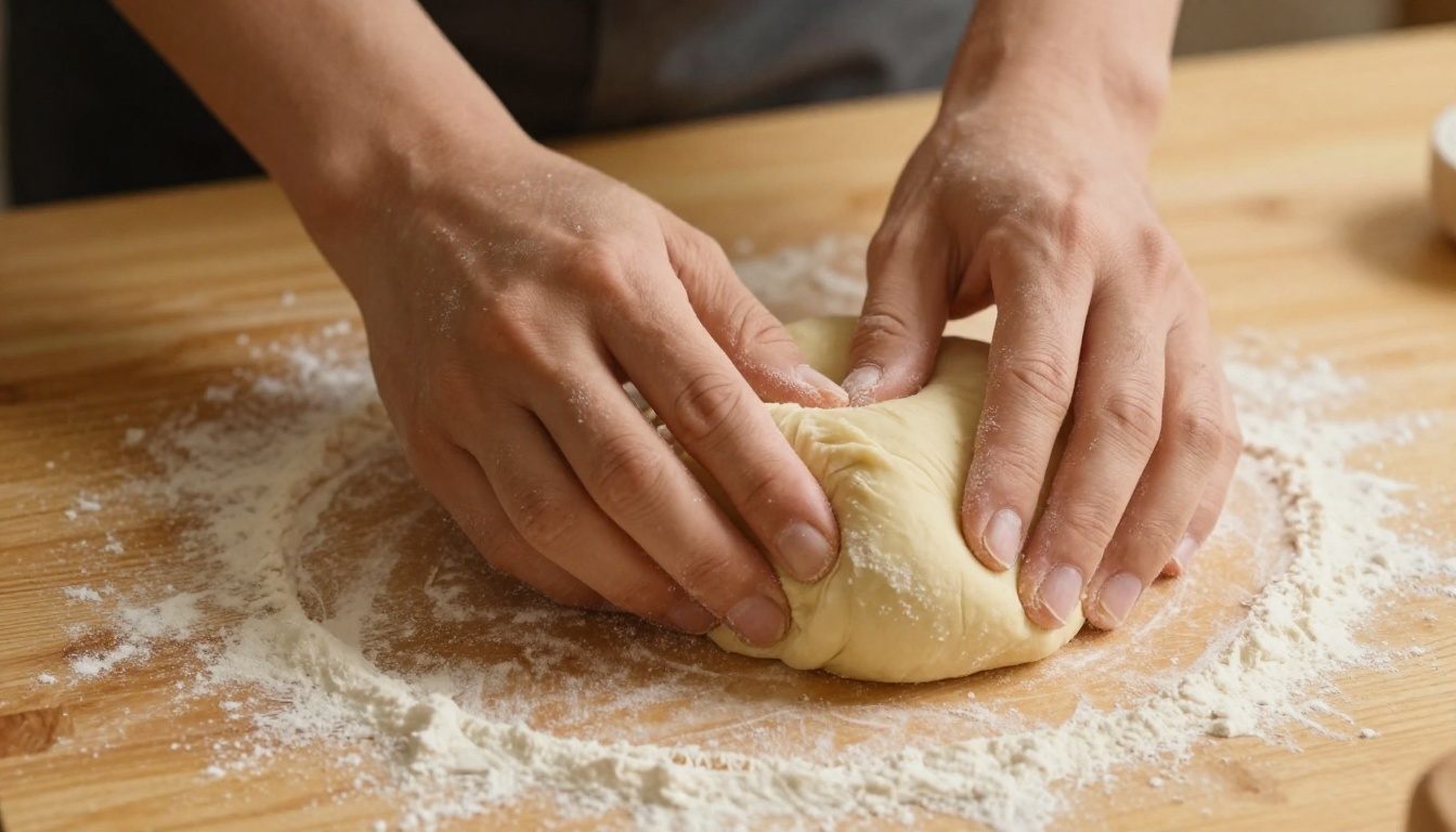 Mãos a amassar massa de pão