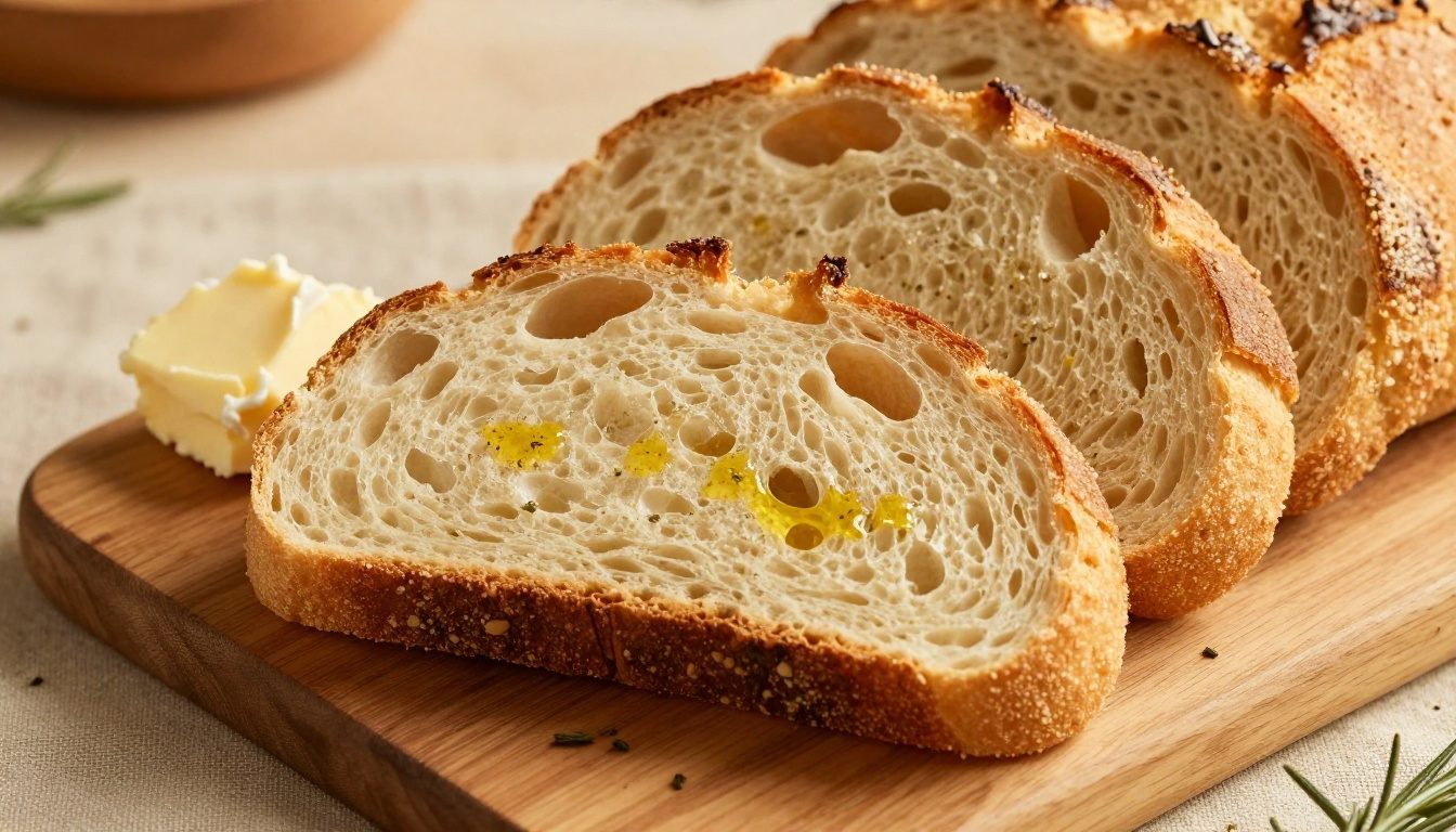 Fatias de pão caseiro com miolo aberto e macio