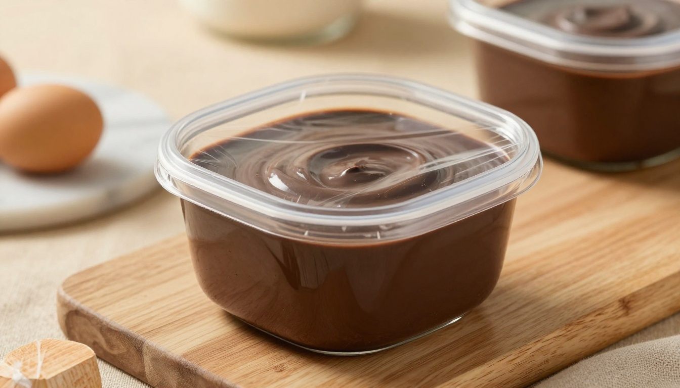 Ganache de chocolate armazenada no frigorífico com película aderente