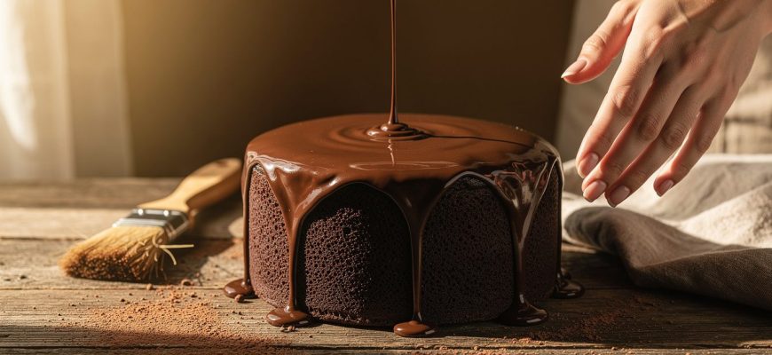 Ganache de chocolate brilhante a ser vertida sobre um bolo