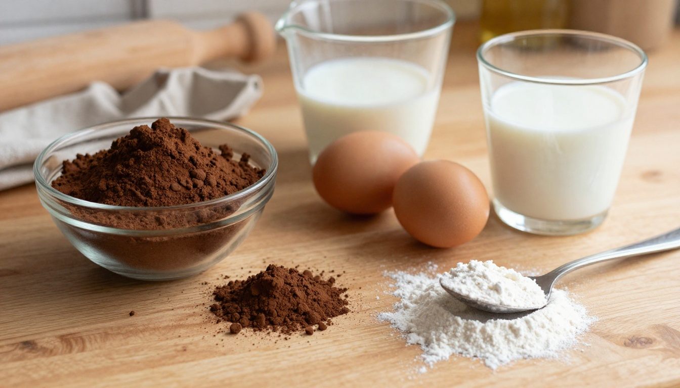 Ingredientes para bolo de chocolate dispostos na bancada