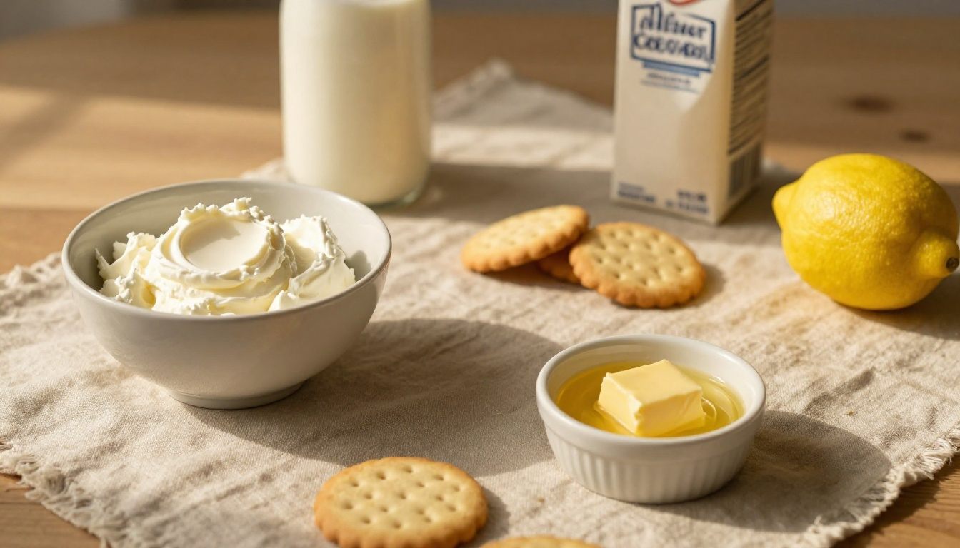 Ingredientes para cheesecake: queijo creme, natas, bolachas e manteiga