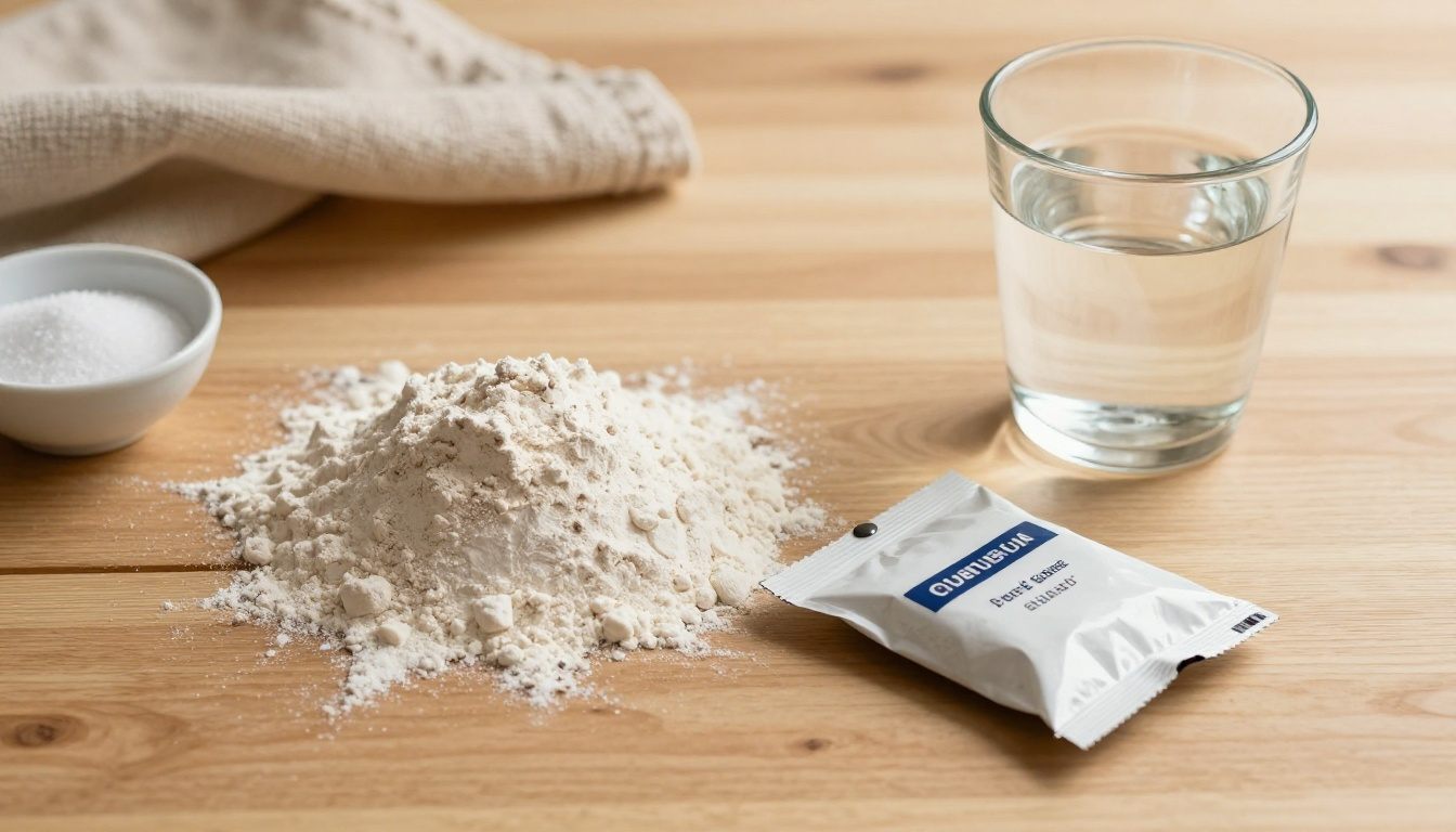 Ingredientes básicos para pão sem sova organizados numa superfície de madeira