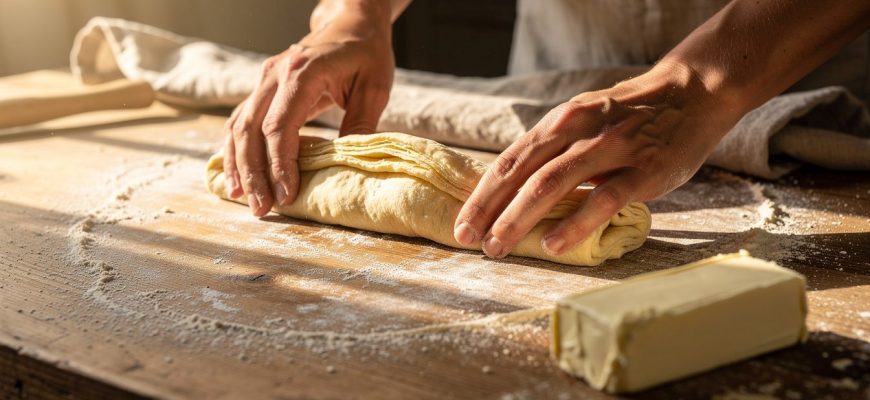 Mãos a dobrar massa folhada caseira numa superfície enfarinhada