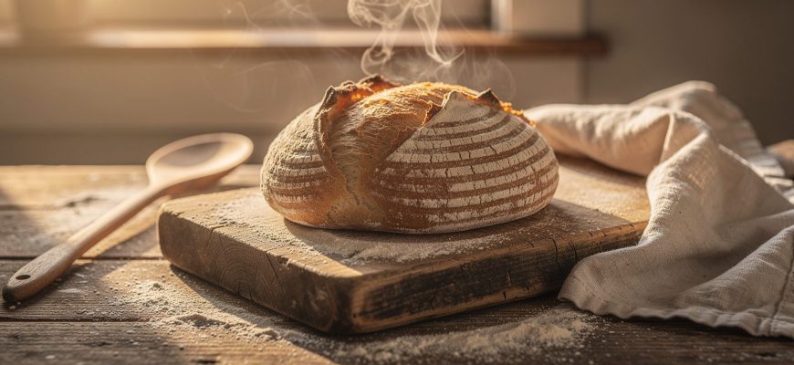 Pão caseiro fresco arrefecendo numa tábua de madeira