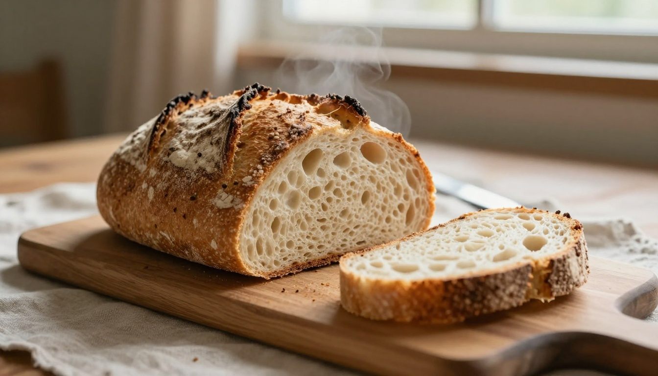 Pão caseiro com estrutura elástica bem desenvolvida