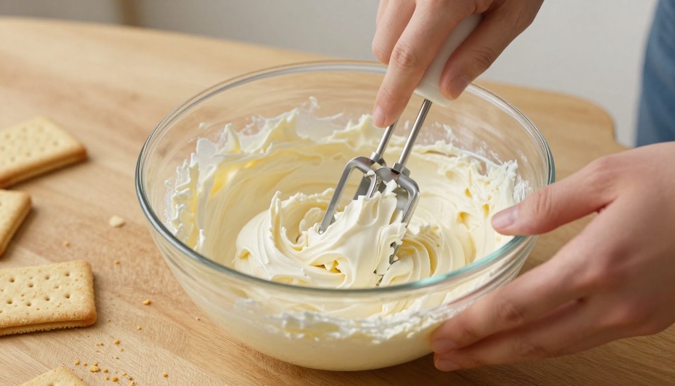 Preparação do recheio de cheesecake com batedeira e espátula