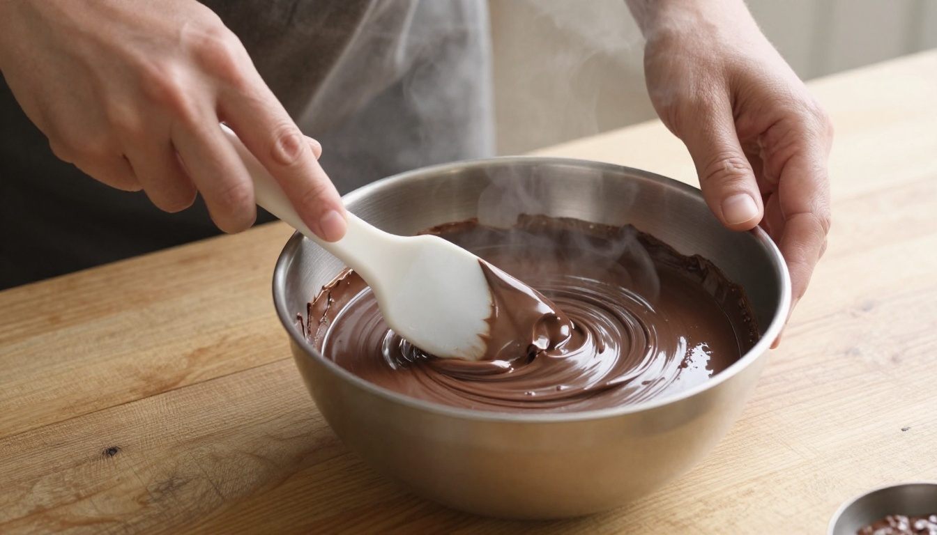 Processo de mexer ganache de chocolate até ficar brilhante