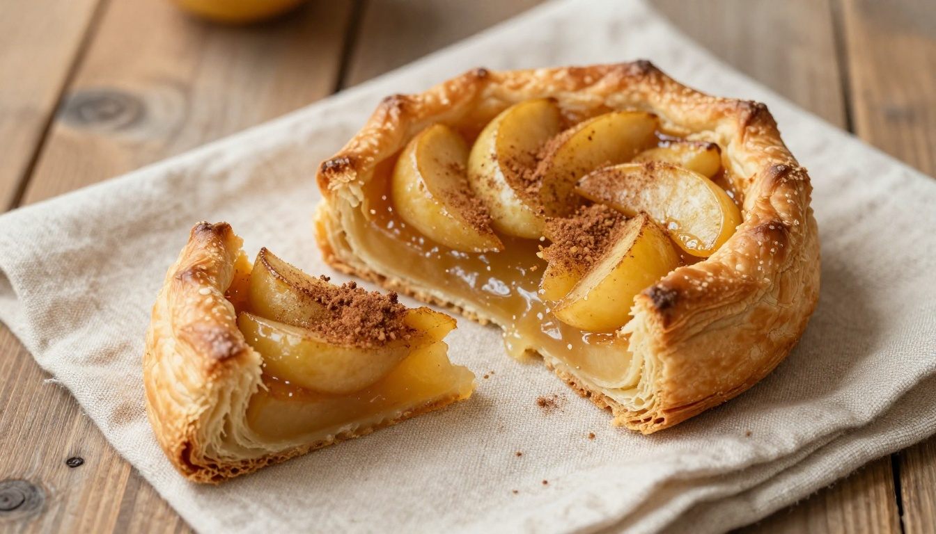 Tarte de maçã em massa folhada caseira, fatia removida